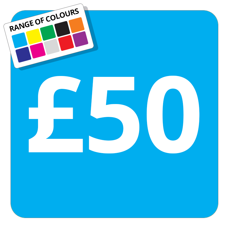 £50 Printed Price Sticker - 37mm Square  Light Blue