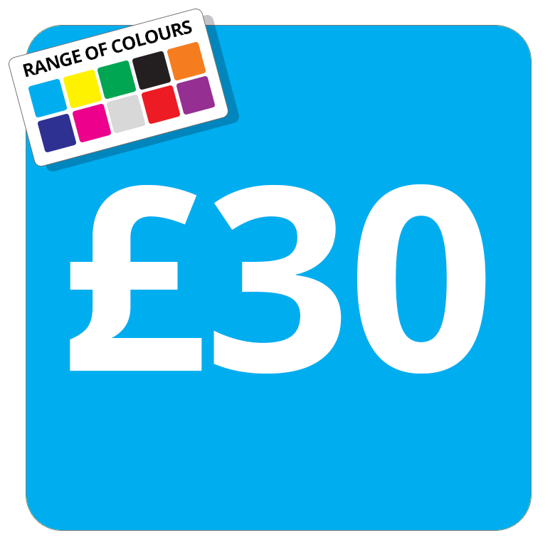 £30 Printed Price Sticker - 37mm Square  Light Blue