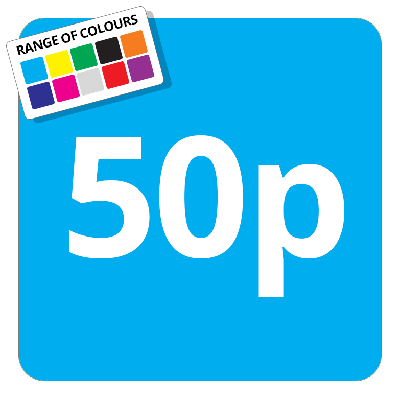 50p Printed Price Sticker - 37mm Square  Light Blue